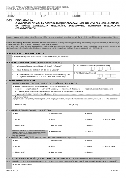 D-ZJ Deklaracja o wysokości opłaty za gospodarowanie odpadami komunaln...