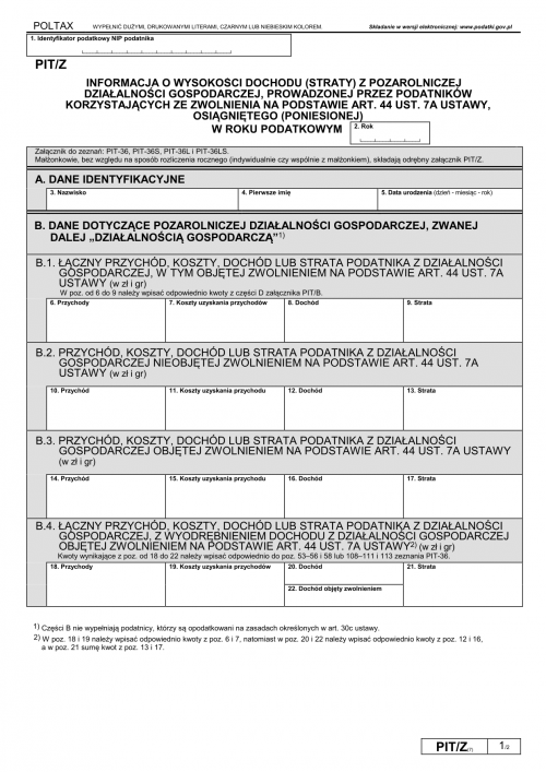 PIT/Z (7) (archiwalny) (2018) Informacja o wysokości dochodu (straty) ...