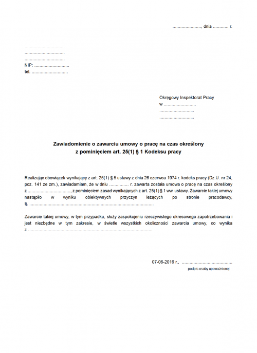ZawoUoP Zawiadomienie o zawarciu umowy o pracę na czas określony z po...