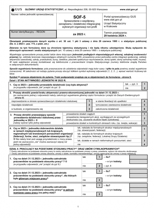 GUS SOF-5 (2023) Sprawozdanie o współpracy, zarządzaniu i działalności...