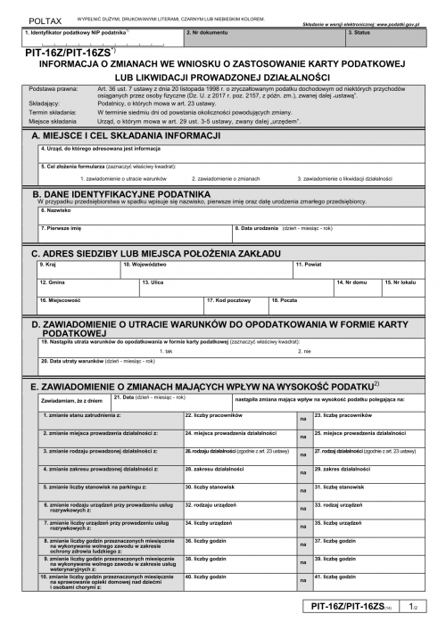 PIT-16Z/PIT-16ZS (14) (2019-2025) Informacja o zmianach we wniosku o z...