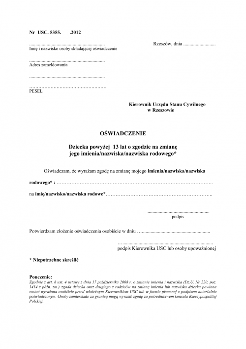 OZIM-Rz(OD) Oświadczenie dziecka powyżej 13 lat na zmianę jego imienia...